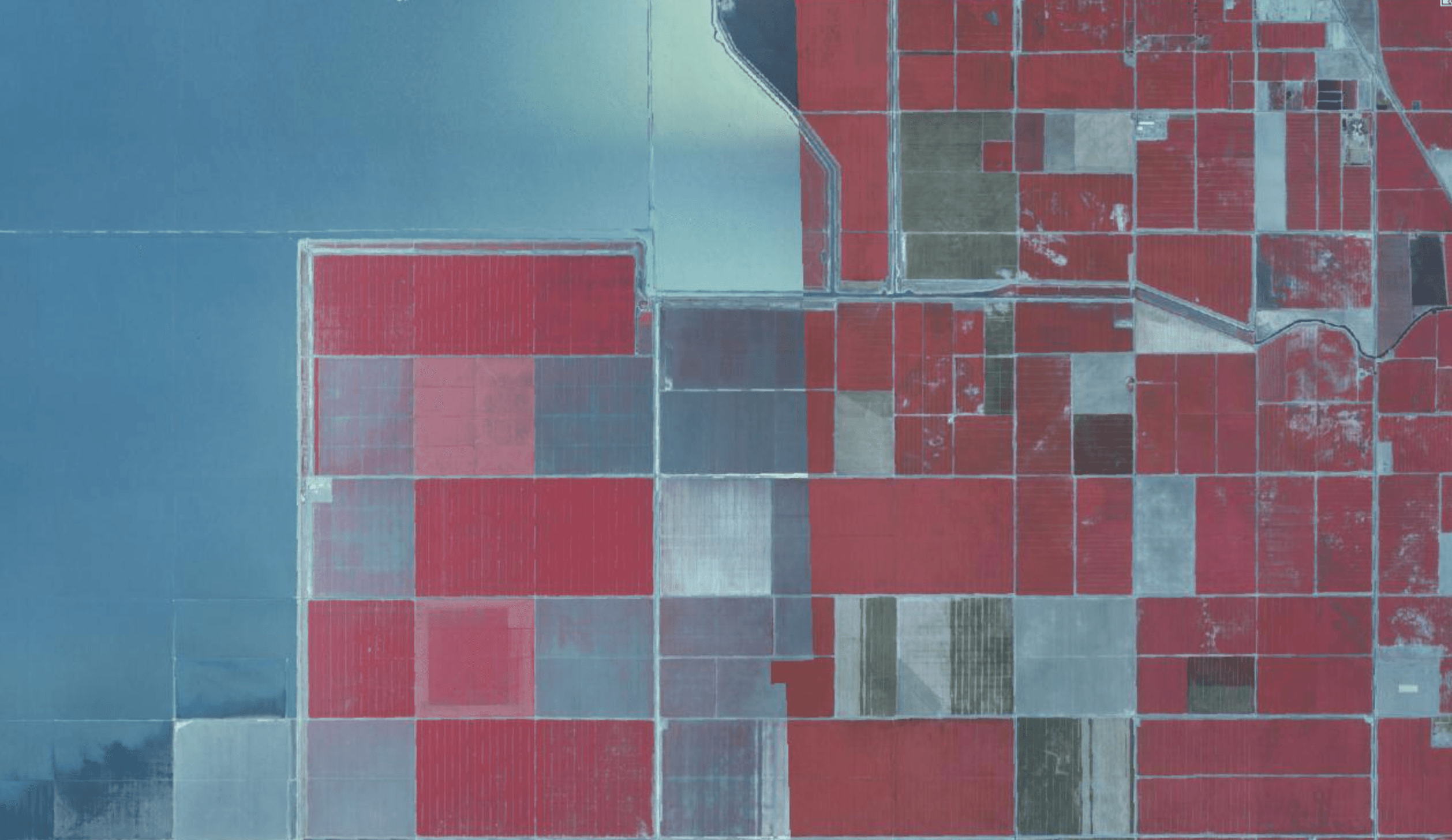 Aerial view of an irrigated field near a river