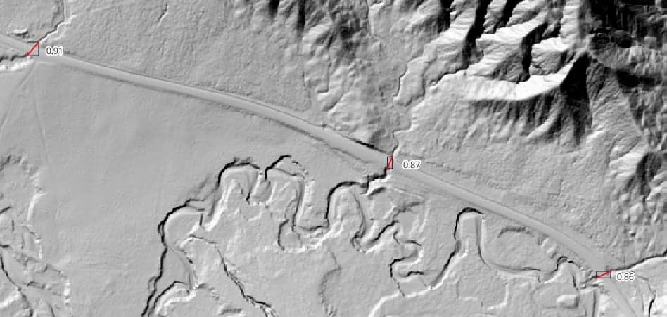 Detected culverts shown on a hillshade